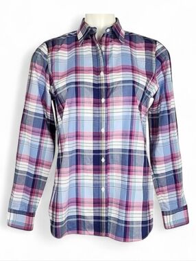 CHAPS Women's No Iron Button Down Pink Blue Plaid Shirt 100% Cotton M